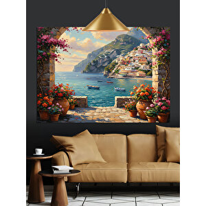 Akdeniz Manzaralı Çiçekli Evler Dekoratif Kanvas - Mdf Ahşap Tablo 35x50 cm