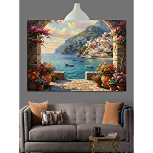 Akdeniz Manzaralı Çiçekli Evler Dekoratif Kanvas - Mdf Ahşap Tablo