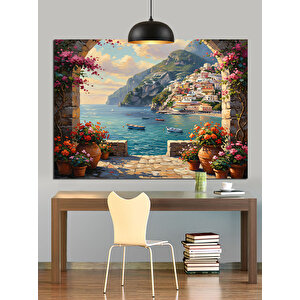 Akdeniz Manzaralı Çiçekli Evler Dekoratif Kanvas - Mdf Ahşap Tablo