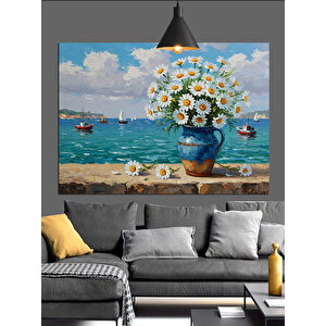 Vazoda Beyaz Papatya Çiçekleri Dekoratif Kanvas - Mdf Ahşap Tablo