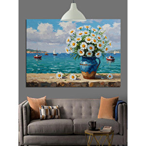 Vazoda Beyaz Papatya Çiçekleri Dekoratif Kanvas - Mdf Ahşap Tablo