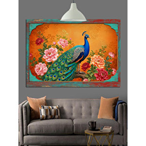 Çiçekler İçinde Mavi Tavuskuşu Dekoratif Kanvas - Mdf Ahşap Tablo