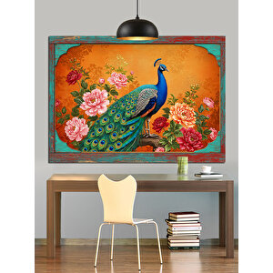 Çiçekler İçinde Mavi Tavuskuşu Dekoratif Kanvas - Mdf Ahşap Tablo