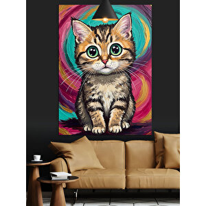 Renkli Gözlü Kedi Dekoratif Kanvas - Mdf Ahşap Tablo 70x100 cm
