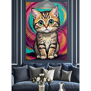 Renkli Gözlü Kedi Dekoratif Kanvas - Mdf Ahşap Tablo 70x100 cm