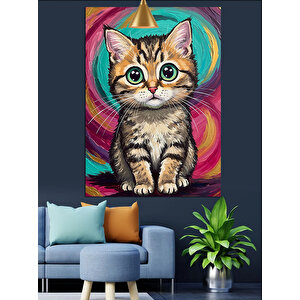 Renkli Gözlü Kedi Dekoratif Kanvas - Mdf Ahşap Tablo