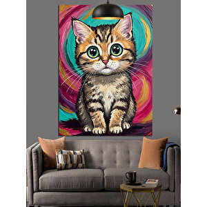 Renkli Gözlü Kedi Dekoratif Kanvas - Mdf Ahşap Tablo