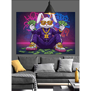 Graffiti Önünde Tavşan Karakter Dekoratif Kanvas - Mdf Ahşap Tablo 70x100 cm