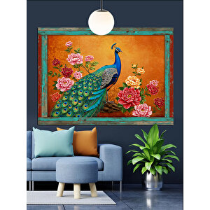 Çiçekler İçinde Mavi Tavuskuşu Dekoratif Kanvas - Mdf Ahşap Tablo 35x50 cm