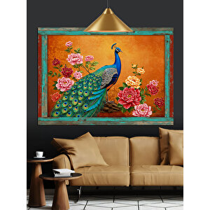 Çiçekler İçinde Mavi Tavuskuşu Dekoratif Kanvas - Mdf Ahşap Tablo 35x50 cm