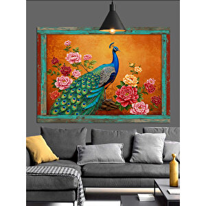 Çiçekler İçinde Mavi Tavuskuşu Dekoratif Kanvas - Mdf Ahşap Tablo