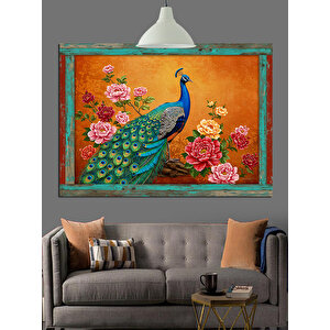 Çiçekler İçinde Mavi Tavuskuşu Dekoratif Kanvas - Mdf Ahşap Tablo