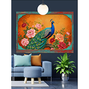 Çiçekler İçinde Mavi Tavuskuşu Dekoratif Kanvas - Mdf Ahşap Tablo 70x100 cm