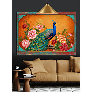 Çiçekler İçinde Mavi Tavuskuşu Dekoratif Kanvas - Mdf Ahşap Tablo 70x100 cm