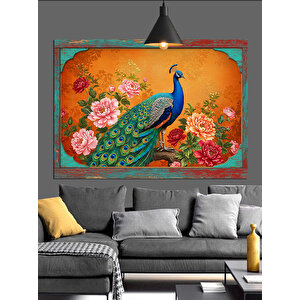 Çiçekler İçinde Mavi Tavuskuşu Dekoratif Kanvas - Mdf Ahşap Tablo 70x100 cm