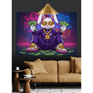 Graffiti Önünde Tavşan Karakter Dekoratif Kanvas - Mdf Ahşap Tablo 50x70 cm