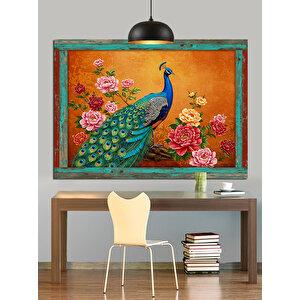 Çiçekler İçinde Mavi Tavuskuşu Dekoratif Kanvas - Mdf Ahşap Tablo 70x100 cm