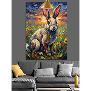 Çiçekli Sevimli Tavşan Dekoratif Kanvas - Mdf Ahşap Tablo 35x50 cm