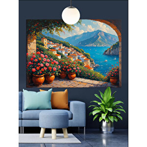 Akdeniz Manzaralı Çiçekli Evler Dekoratif Kanvas - Mdf Ahşap Tablo 70x100 cm
