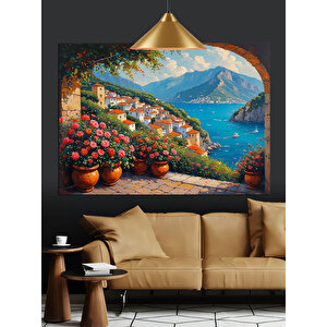 Akdeniz Manzaralı Çiçekli Evler Dekoratif Kanvas - Mdf Ahşap Tablo 70x100 cm