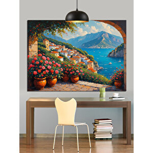 Akdeniz Manzaralı Çiçekli Evler Dekoratif Kanvas - Mdf Ahşap Tablo 25x35 cm