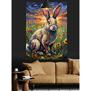 Çiçekli Sevimli Tavşan Dekoratif Kanvas - Mdf Ahşap Tablo 25x35 cm