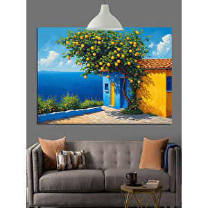 Sarı Çiçekli Mavi Ev Dekoratif Kanvas - Mdf Ahşap Tablo 70x100 cm