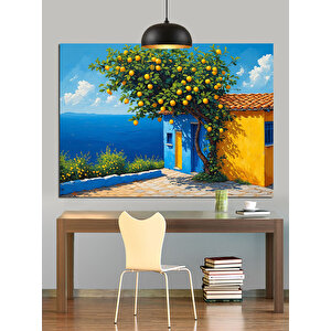 Sarı Çiçekli Mavi Ev Dekoratif Kanvas - Mdf Ahşap Tablo 70x100 cm
