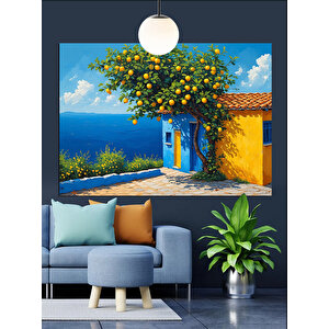 Sarı Çiçekli Mavi Ev Dekoratif Kanvas - Mdf Ahşap Tablo 70x100 cm