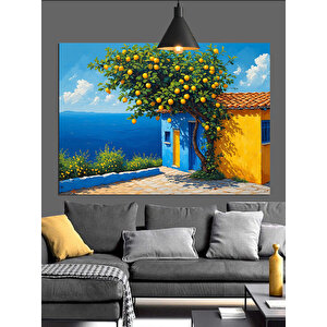 Sarı Çiçekli Mavi Ev Dekoratif Kanvas - Mdf Ahşap Tablo