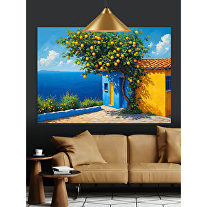 Sarı Çiçekli Mavi Ev Dekoratif Kanvas - Mdf Ahşap Tablo