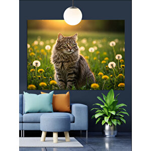 Papatyalar İçinde Gri Kedi Dekoratif Kanvas - Mdf Ahşap Tablo 35x50 cm
