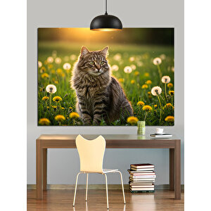 Papatyalar İçinde Gri Kedi Dekoratif Kanvas - Mdf Ahşap Tablo 70x100 cm