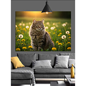 Papatyalar İçinde Gri Kedi Dekoratif Kanvas - Mdf Ahşap Tablo
