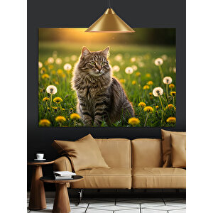 Papatyalar İçinde Gri Kedi Dekoratif Kanvas - Mdf Ahşap Tablo