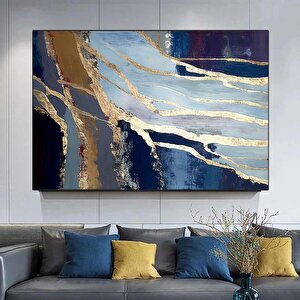 Lüks Mermer Duvar Dekoru; Lacivert Duvar Sanatı; Soyut Mermer Tablosu; Altın Mermer Kanvas 40x60 cm