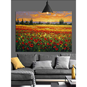 Kırmızı Gelinciklerle Çiçek Tarlası Dekoratif Kanvas - Mdf Ahşap Tablo