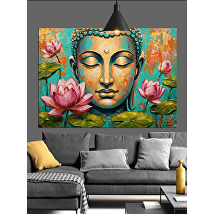 Lotus Çiçekleriyle Buda Heykeli Dekoratif Kanvas - Mdf Ahşap Tablo 25x35 cm