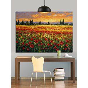 Kırmızı Gelinciklerle Çiçek Tarlası Dekoratif Kanvas - Mdf Ahşap Tablo 70x100 cm