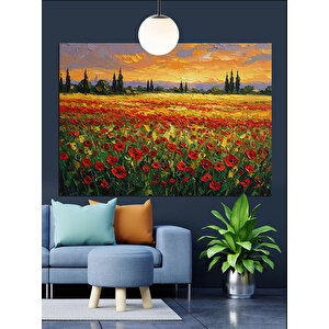 Kırmızı Gelinciklerle Çiçek Tarlası Dekoratif Kanvas - Mdf Ahşap Tablo 70x100 cm