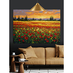 Kırmızı Gelinciklerle Çiçek Tarlası Dekoratif Kanvas - Mdf Ahşap Tablo