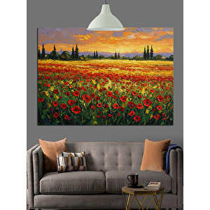 Kırmızı Gelinciklerle Çiçek Tarlası Dekoratif Kanvas - Mdf Ahşap Tablo 70x100 cm