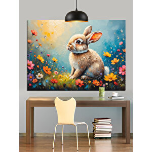 Çiçekler İçinde Sevimli Tavşan Dekoratif Kanvas - Mdf Ahşap Tablo
