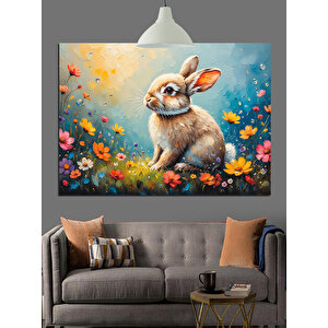 Çiçekler İçinde Sevimli Tavşan Dekoratif Kanvas - Mdf Ahşap Tablo