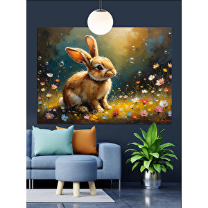 Çiçekler Arasında Sevimli Tavşan Dekoratif Kanvas - Mdf Ahşap Tablo 35x50 cm