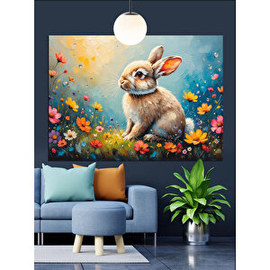 Çiçekler İçinde Sevimli Tavşan Dekoratif Kanvas - Mdf Ahşap Tablo 70x100 cm