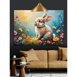 Çiçekler İçinde Sevimli Tavşan Dekoratif Kanvas - Mdf Ahşap Tablo 70x100 cm