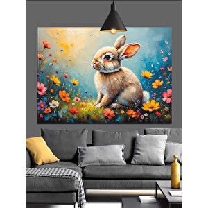 Çiçekler İçinde Sevimli Tavşan Dekoratif Kanvas - Mdf Ahşap Tablo 70x100 cm