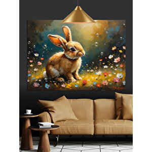 Çiçekler Arasında Sevimli Tavşan Dekoratif Kanvas - Mdf Ahşap Tablo 70x100 cm