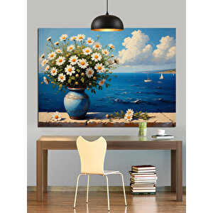Vazoda Beyaz Çiçekler Deniz Dekoratif Kanvas - Mdf Ahşap Tablo